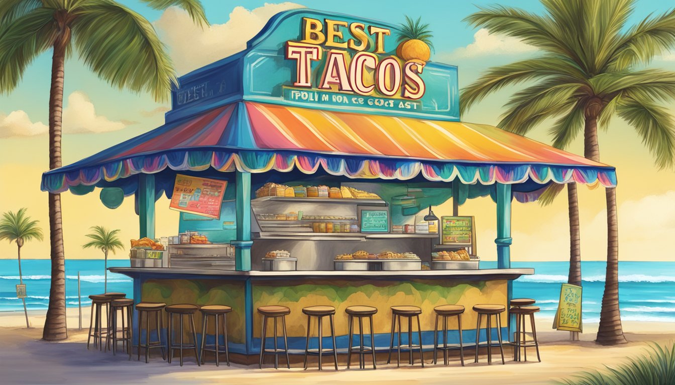 A colorful beachside taco stand with palm trees and a view of the ocean, with a sign reading "Best Tacos in Florida's Gulf Coast."