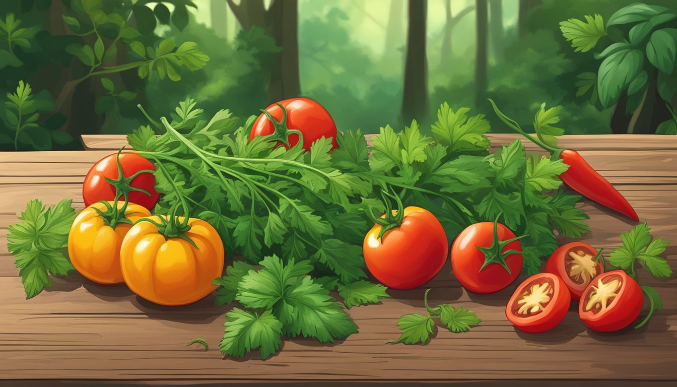 Freshly picked cilantro, ripe tomatoes, and vibrant chili peppers scattered on a rustic wooden table in the midst of a lush rainforest