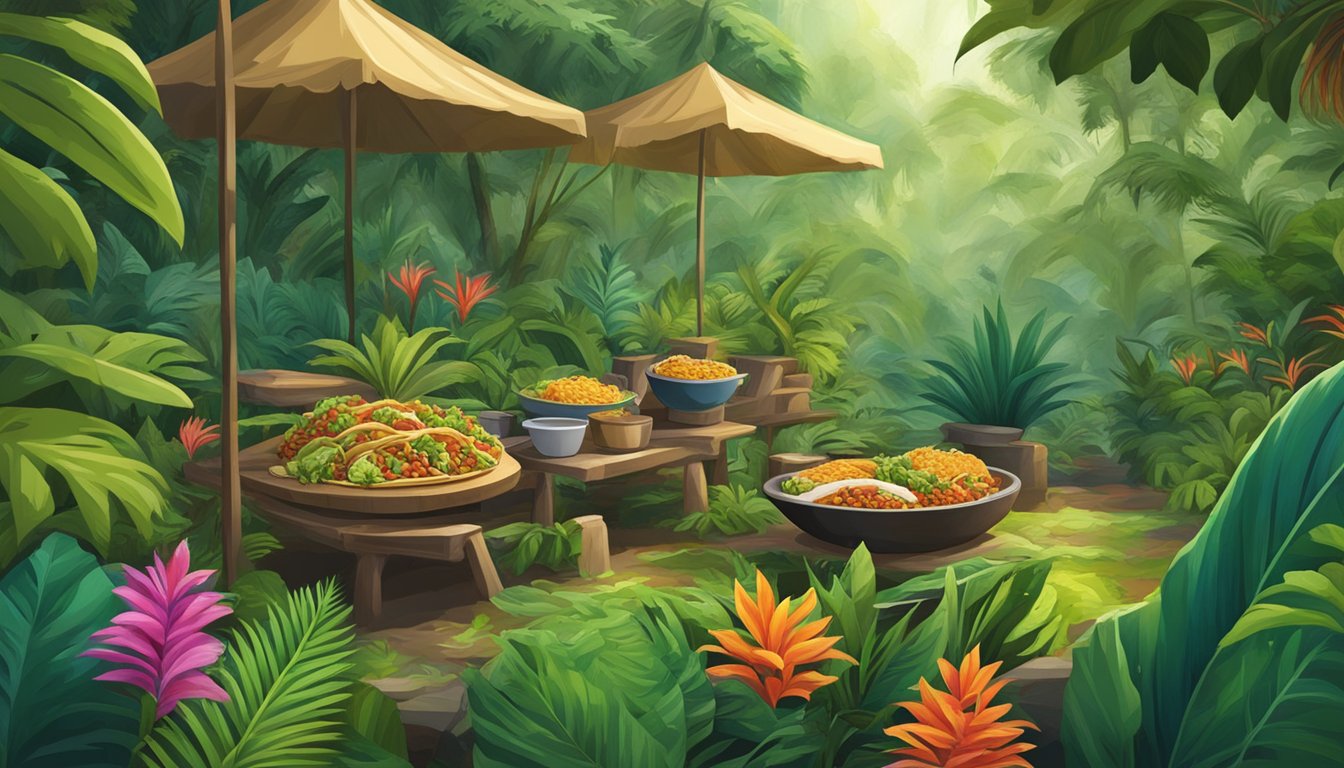 Lush rainforest setting with a traditional taco preparation scene, surrounded by vibrant green foliage and exotic plants