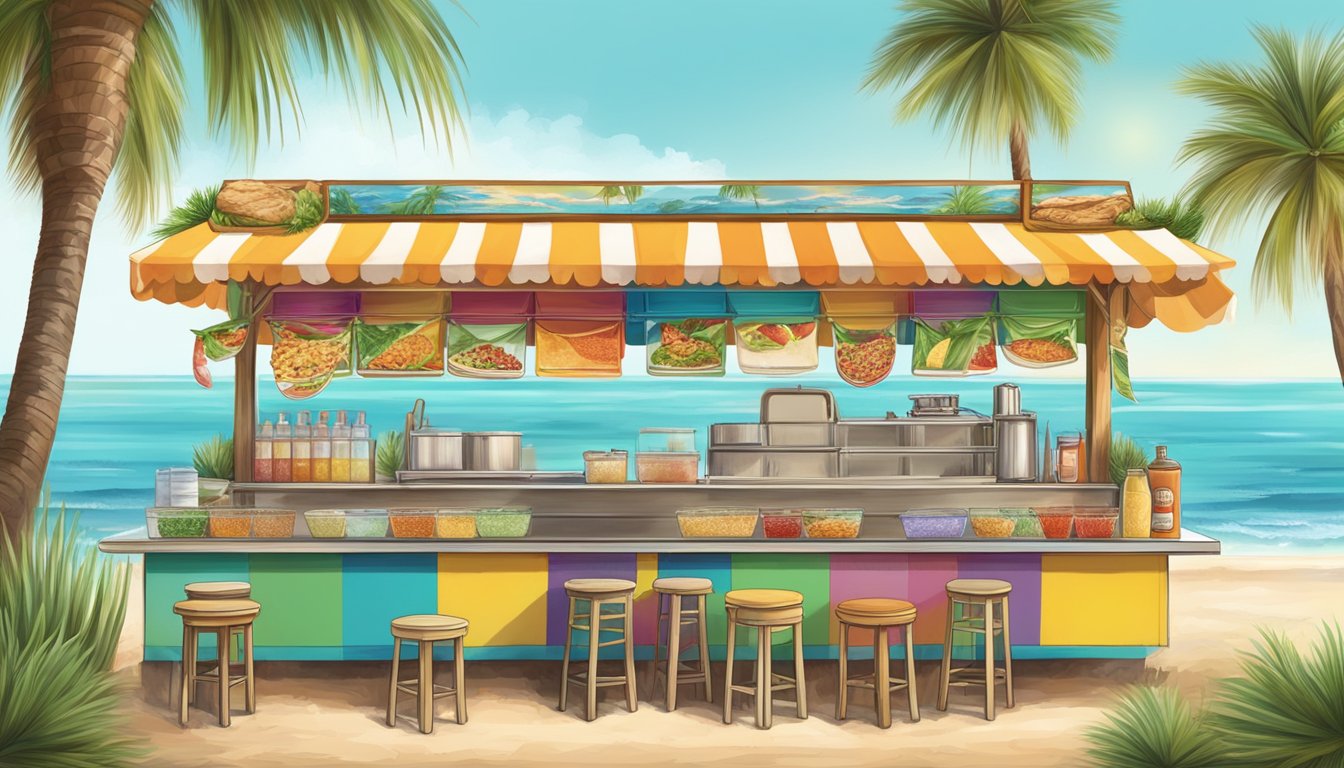 A colorful beachside taco stand with a variety of fresh toppings and salsas, surrounded by palm trees and a view of the sparkling Gulf Coast