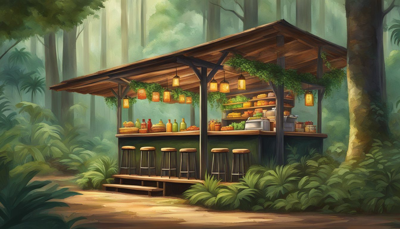 Amidst Mexico's lush rainforests, a rustic taco stand sits nestled among towering trees, with the aroma of sizzling meats and fresh salsas wafting through the verdant foliage