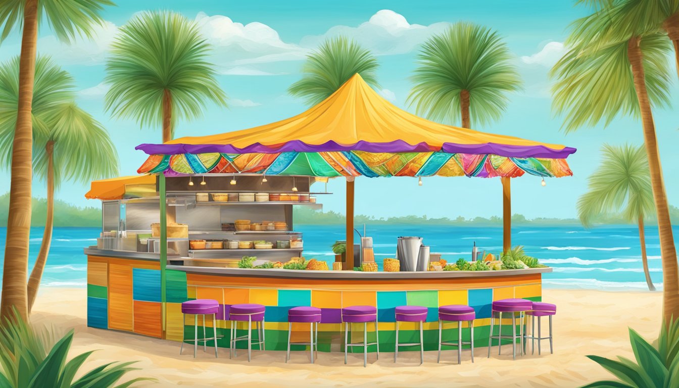 A vibrant beachside taco stand with colorful decor, surrounded by palm trees and seagulls, serving up a fusion of traditional Mexican flavors with a Florida Gulf Coast twist