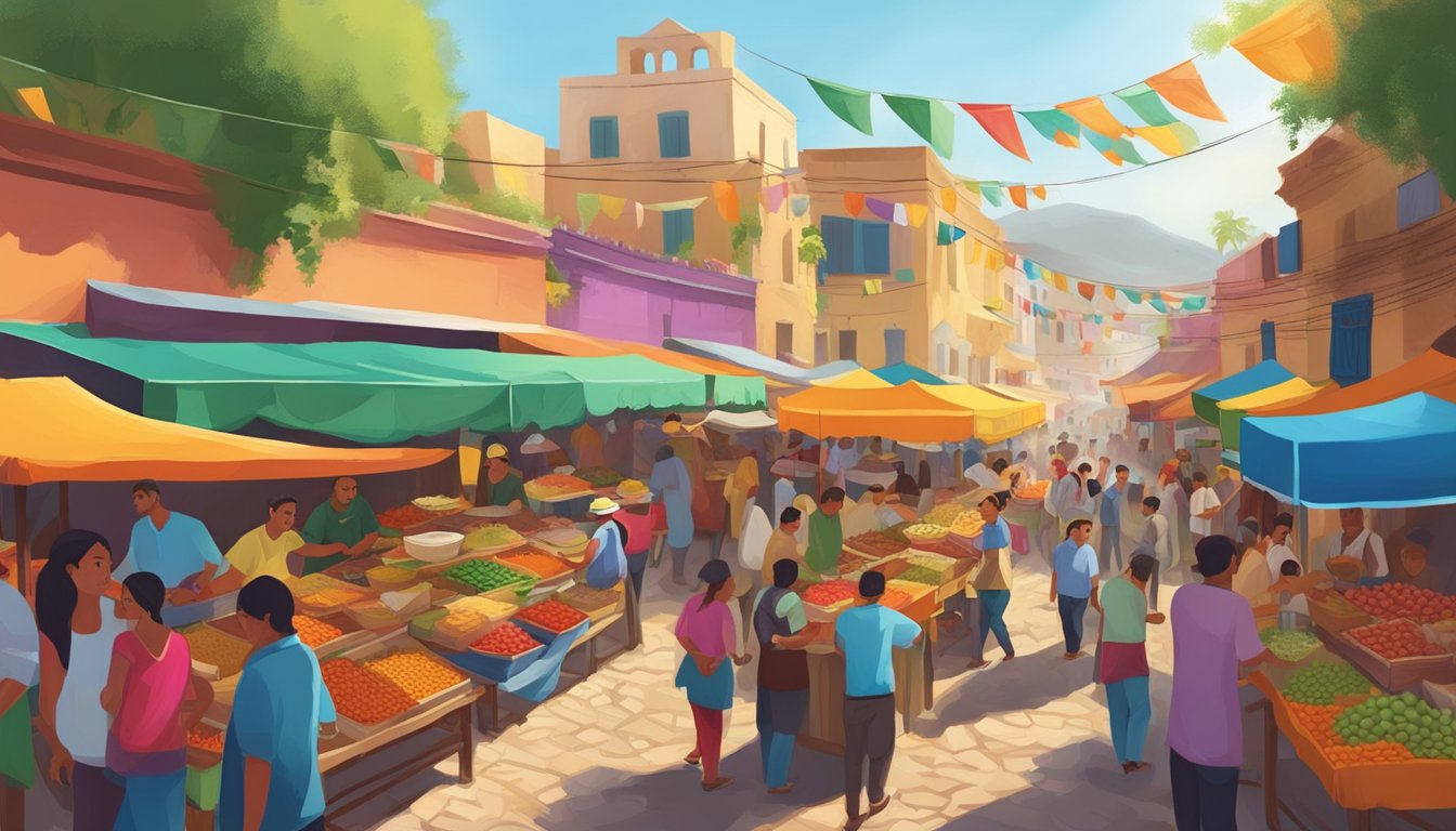 Vibrant market scene with colorful food stalls and bustling crowds in a traditional Mexican village