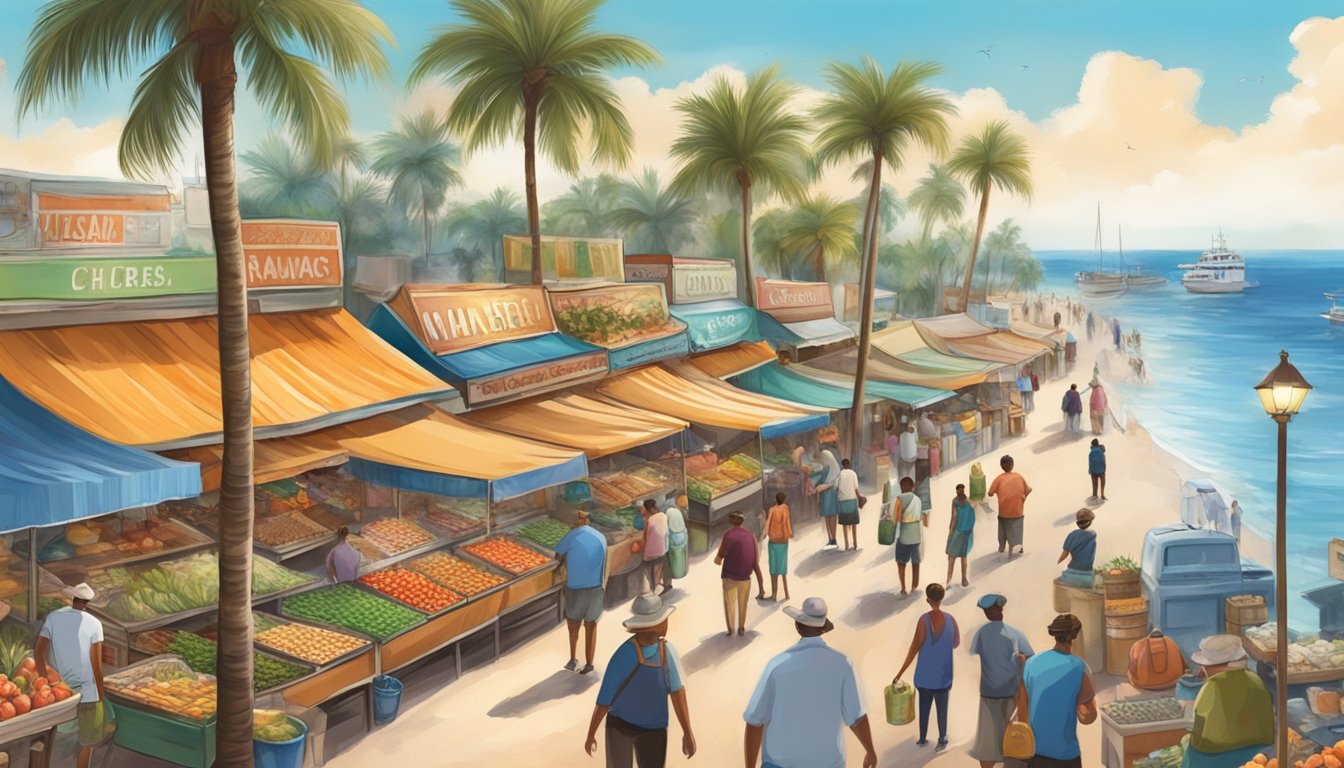 A bustling local market with vendors selling fresh produce and seafood, surrounded by palm trees and the shimmering waters of the Gulf Coast