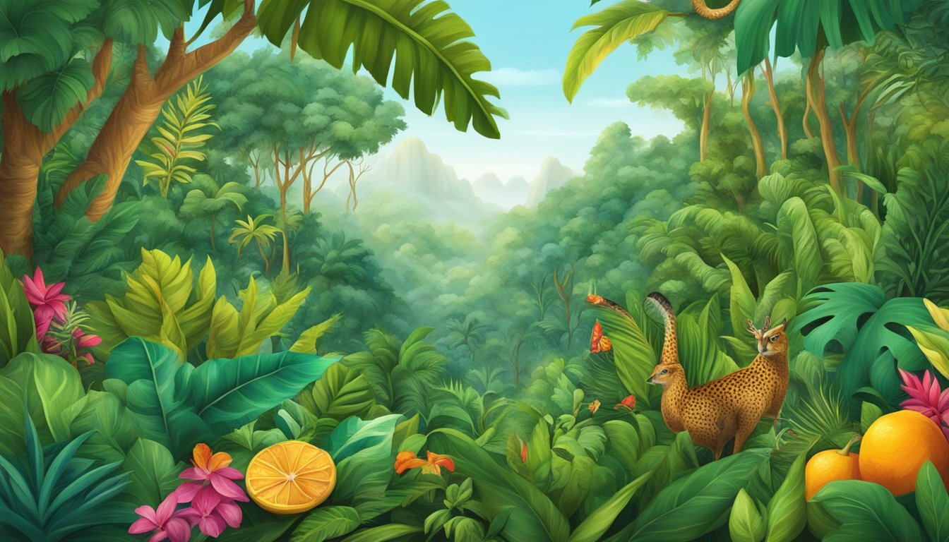 Lush rainforest with vibrant taco ingredients growing on trees, surrounded by exotic plants and animals