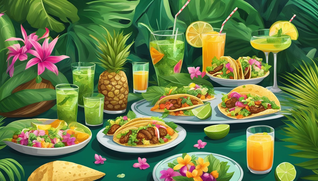 A jungle clearing with a table set with tropical cocktails and plates of vibrant tacos surrounded by lush greenery and exotic flowers