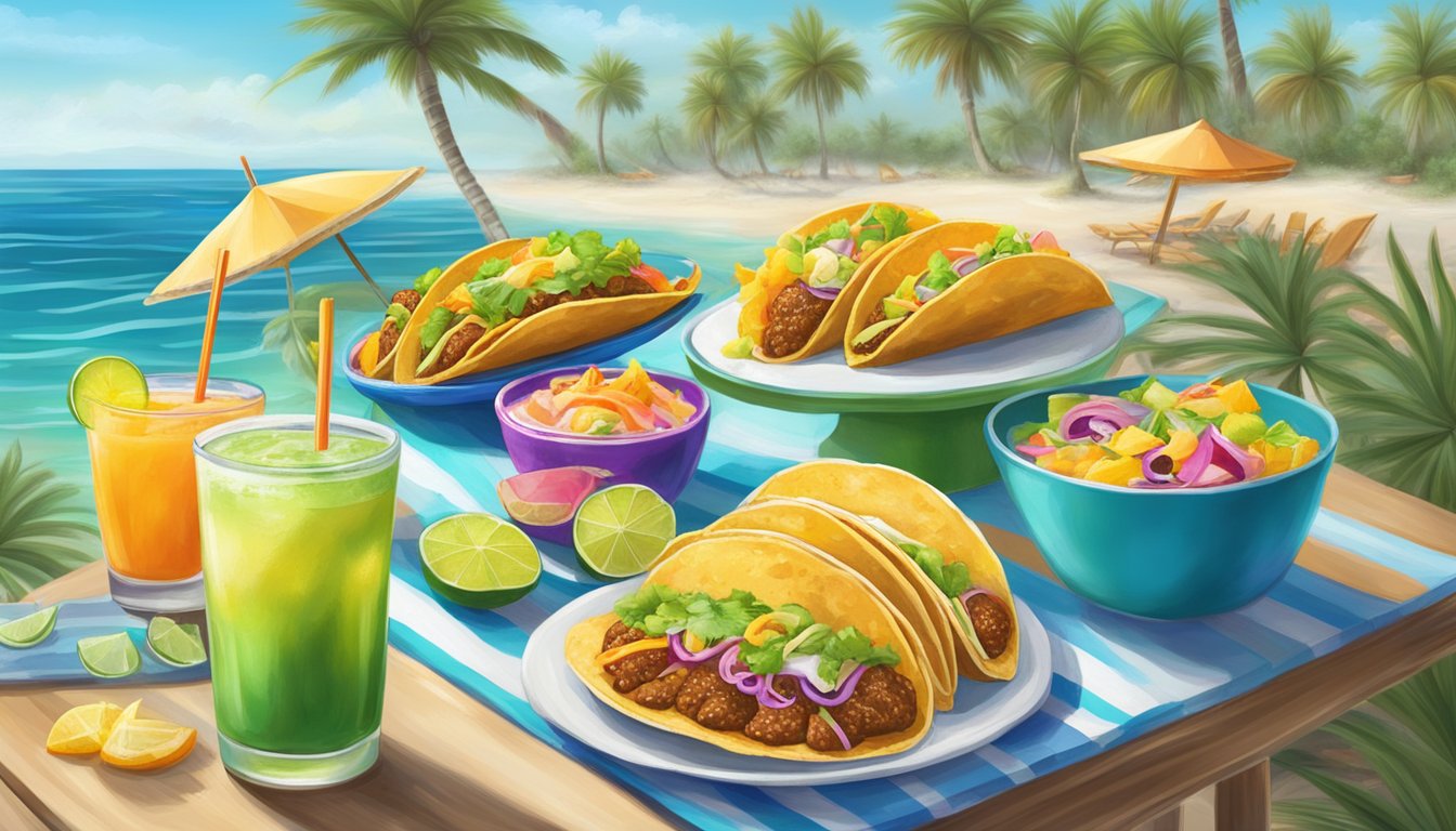 A beachside table with a variety of colorful tacos and tropical drinks, surrounded by palm trees and the shimmering waters of the Gulf Coast