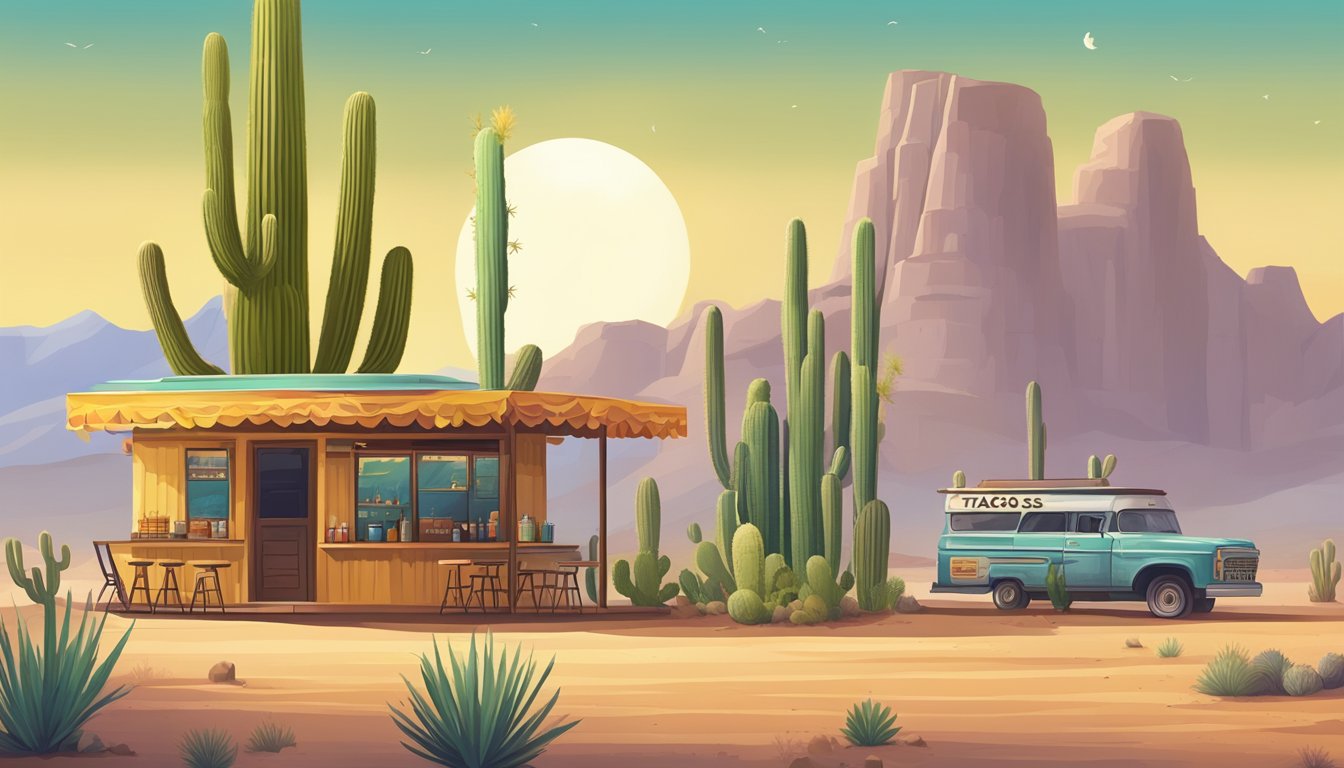 A colorful desert landscape with towering cacti and a rustic taco stand serving the best tacos in Mexico's cactus deserts