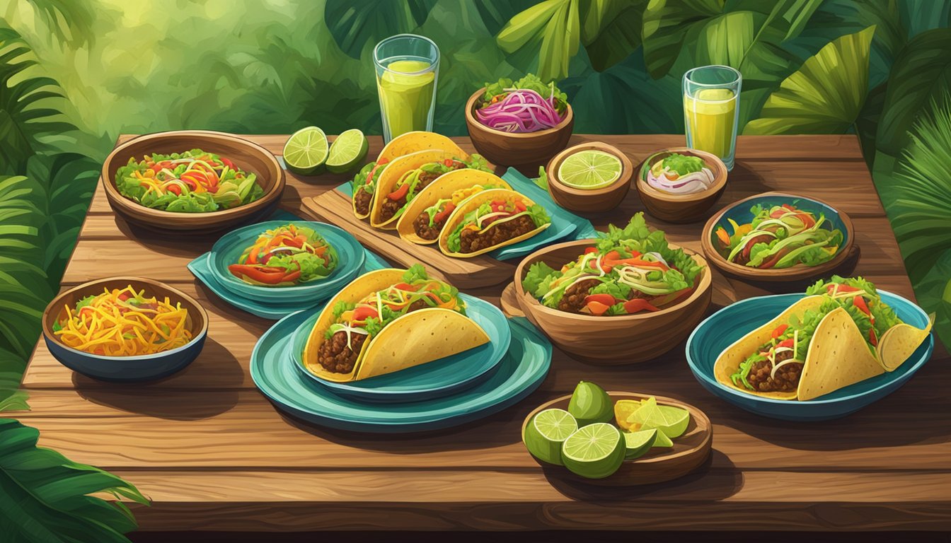 A rustic wooden table set amidst vibrant green foliage, adorned with plates of colorful, freshly made tacos and surrounded by the lush rainforest of Mexico