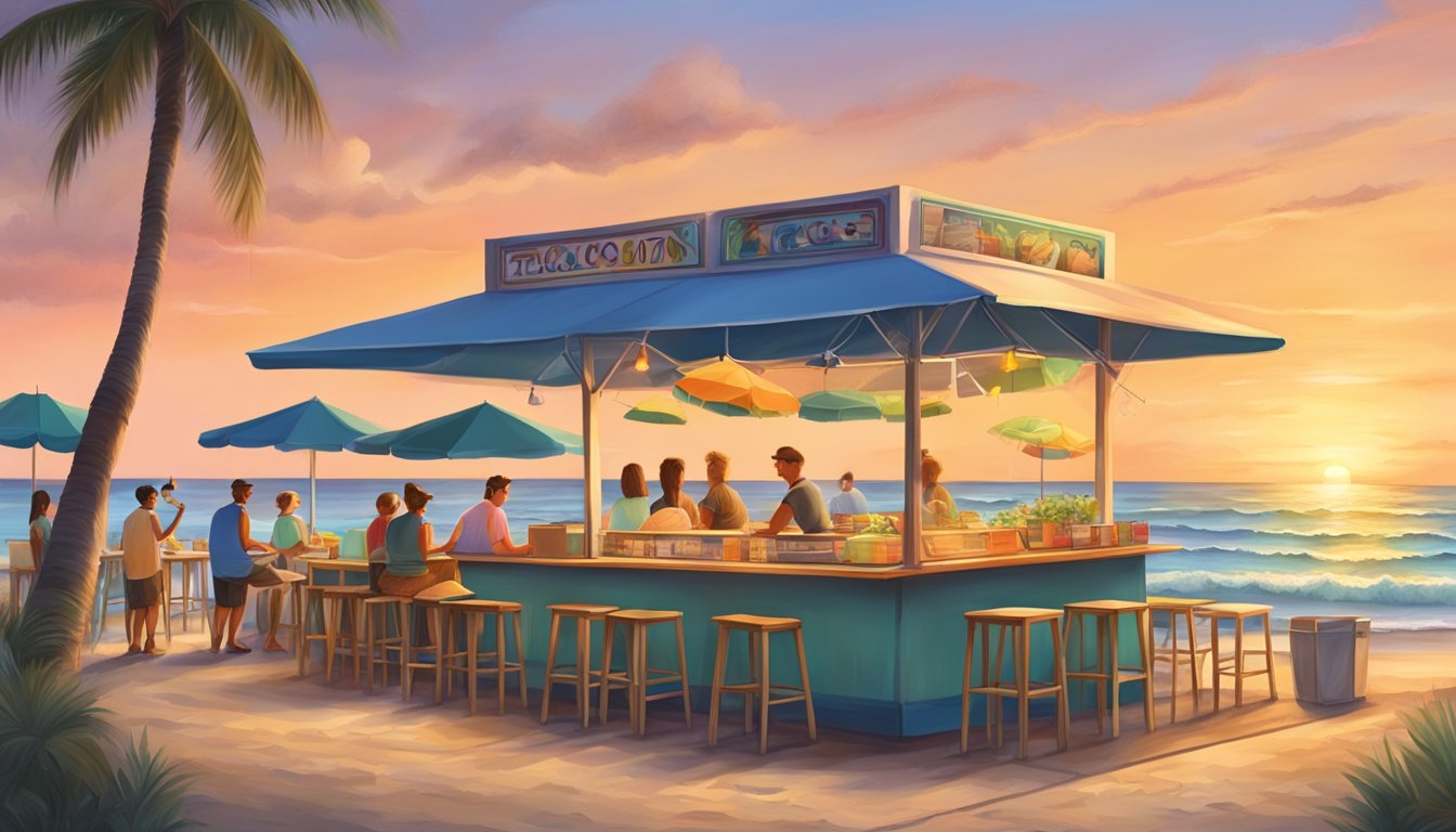 A bustling beachside taco stand with a line of customers, colorful umbrellas, and a picturesque sunset over the Gulf Coast