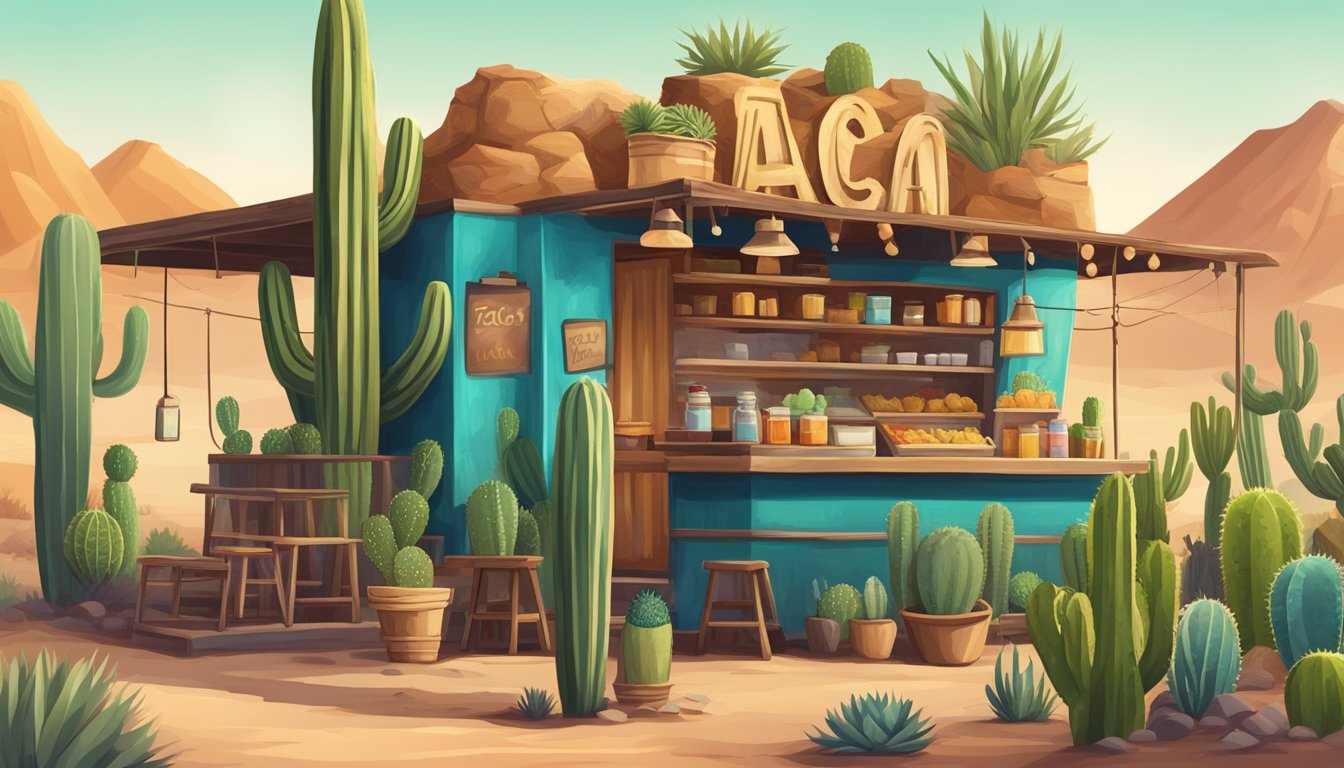 A colorful desert landscape with cacti and a rustic taco stand serving delicious tacos