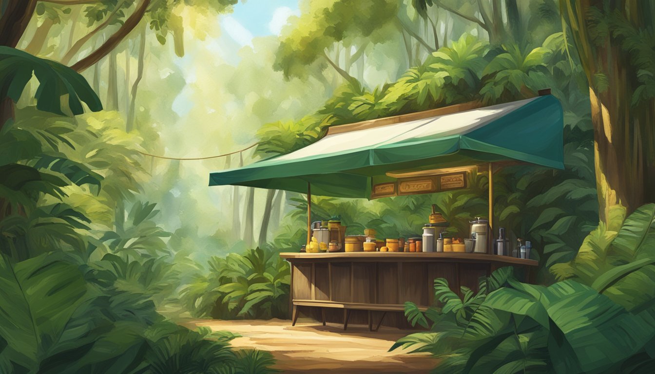 Lush rainforest with vibrant green foliage, sunlight filtering through the canopy, and a small wooden taco stand nestled among the trees