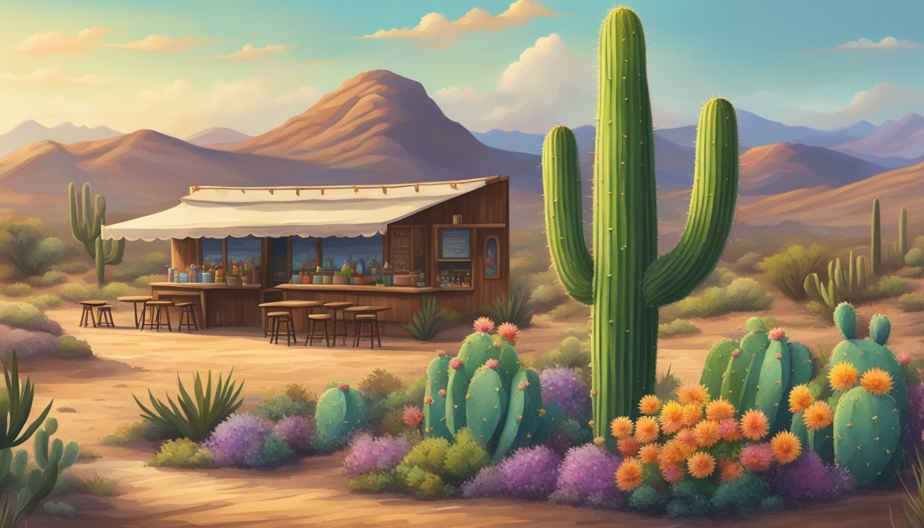 A lone cactus stands tall in the vast Mexican desert, surrounded by colorful wildflowers and a small, rustic taco stand serving the best tacos in the area