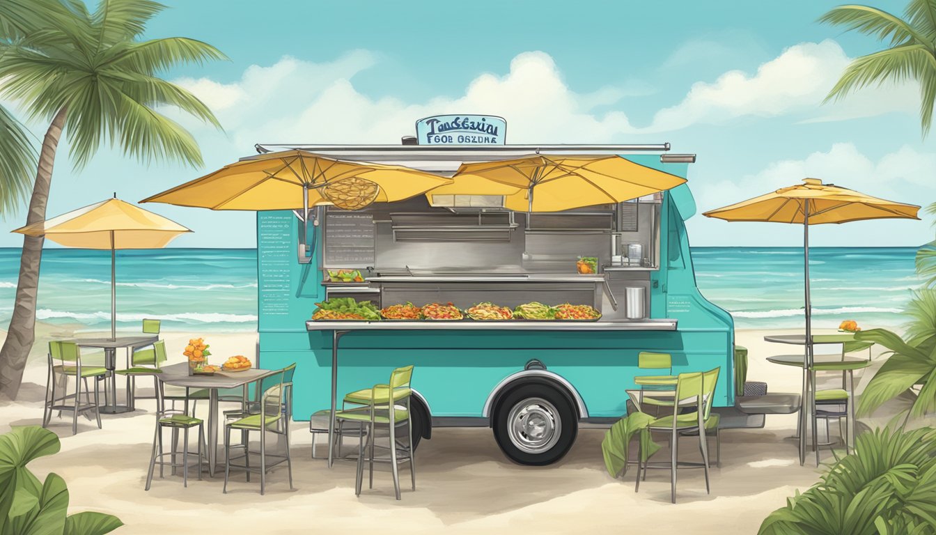 A beachside food truck with colorful umbrellas, serving up freshly grilled fish and shrimp tacos with a side of tangy key lime slaw