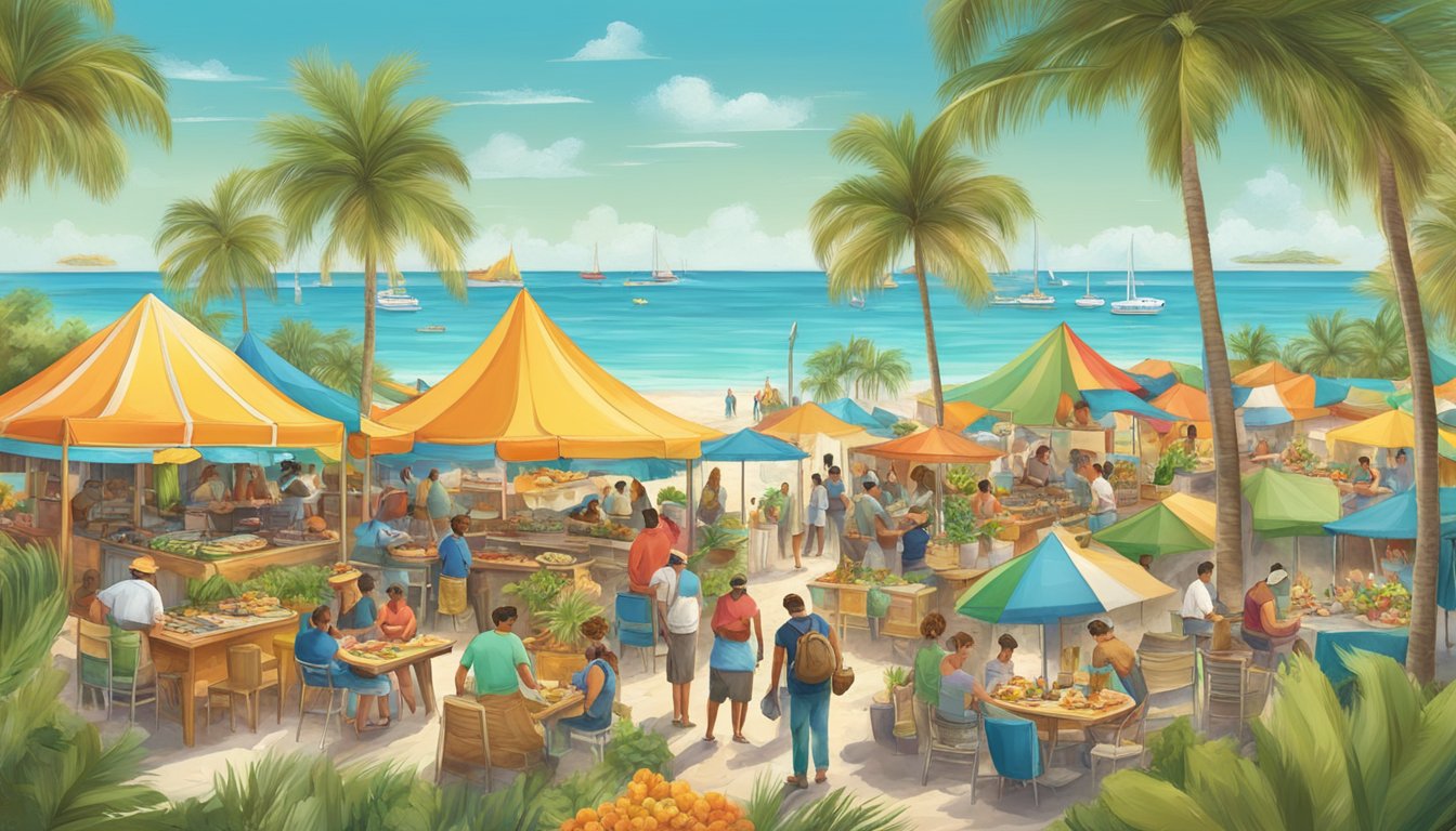 A vibrant beachside taco festival with a diverse array of taco styles, from traditional to fusion, set against a backdrop of palm trees and clear blue waters in Florida Keys