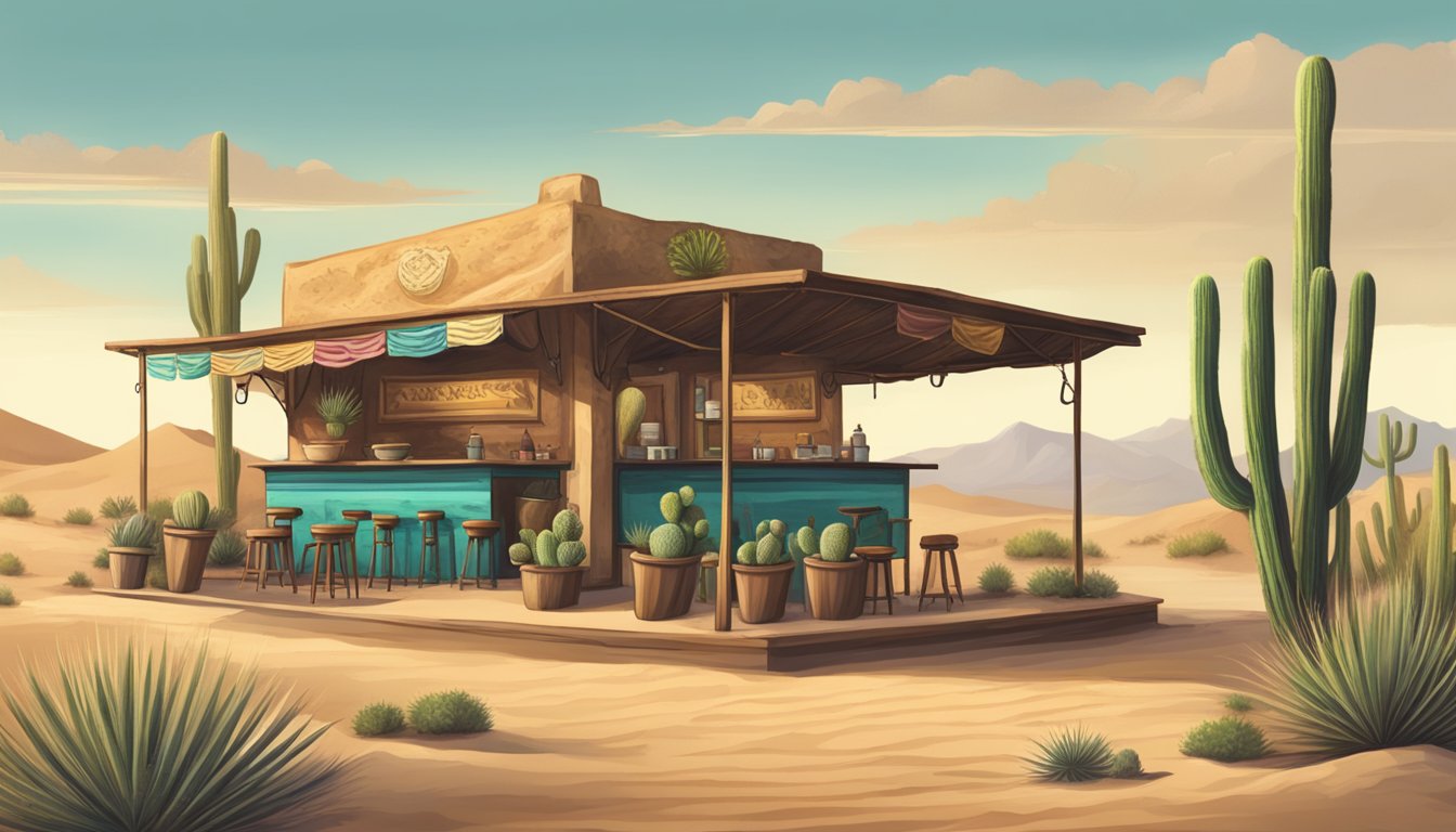 A rustic desert landscape with prickly cacti, sandy dunes, and a traditional Mexican taco stand serving up flavorful tacos