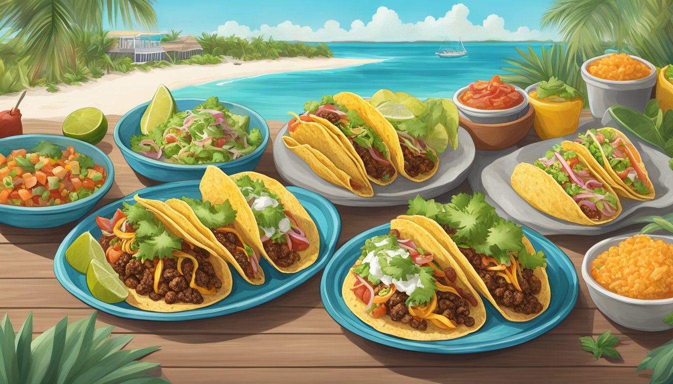 A colorful spread of vegetarian and vegan taco options, set against a backdrop of the beautiful Florida Keys