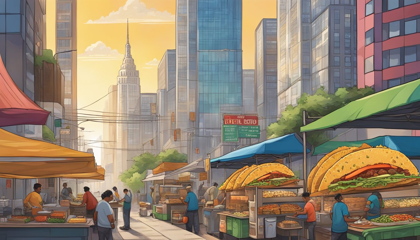 A bustling street vendor assembles vibrant tacos amid a backdrop of towering skyscrapers and bustling city life