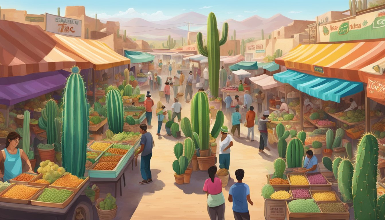 A bustling cactus desert market, with colorful taco stands and vendors selling fresh ingredients like prickly pear and nopales