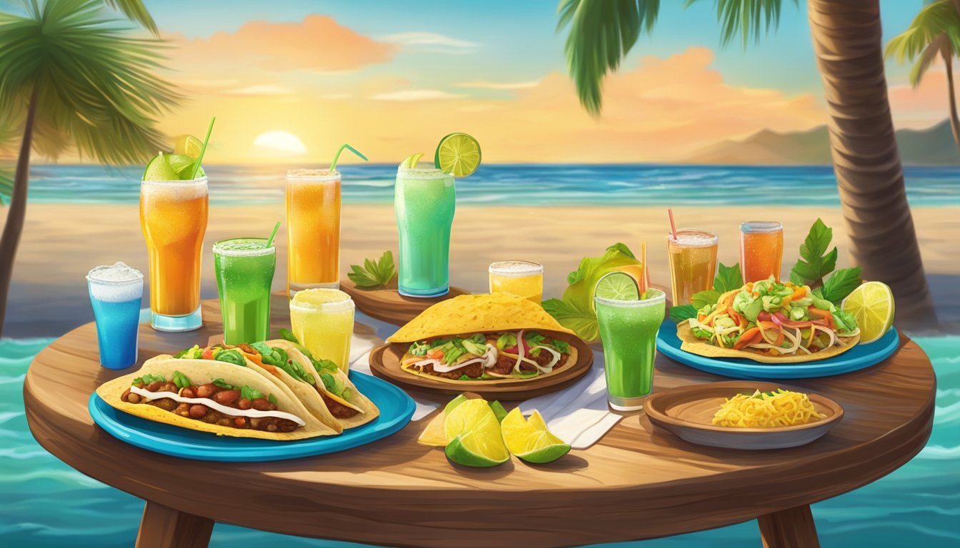 A tropical beach setting with a table of colorful tacos and a variety of beverages, including margaritas and local craft beers