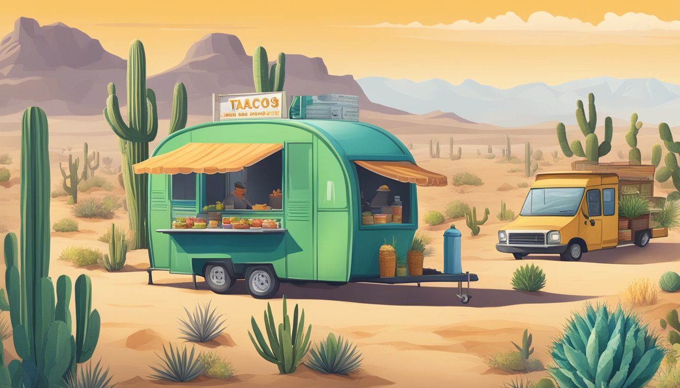 A desert landscape with cacti and a food cart serving tacos, with a focus on sustainability and the use of local ingredients