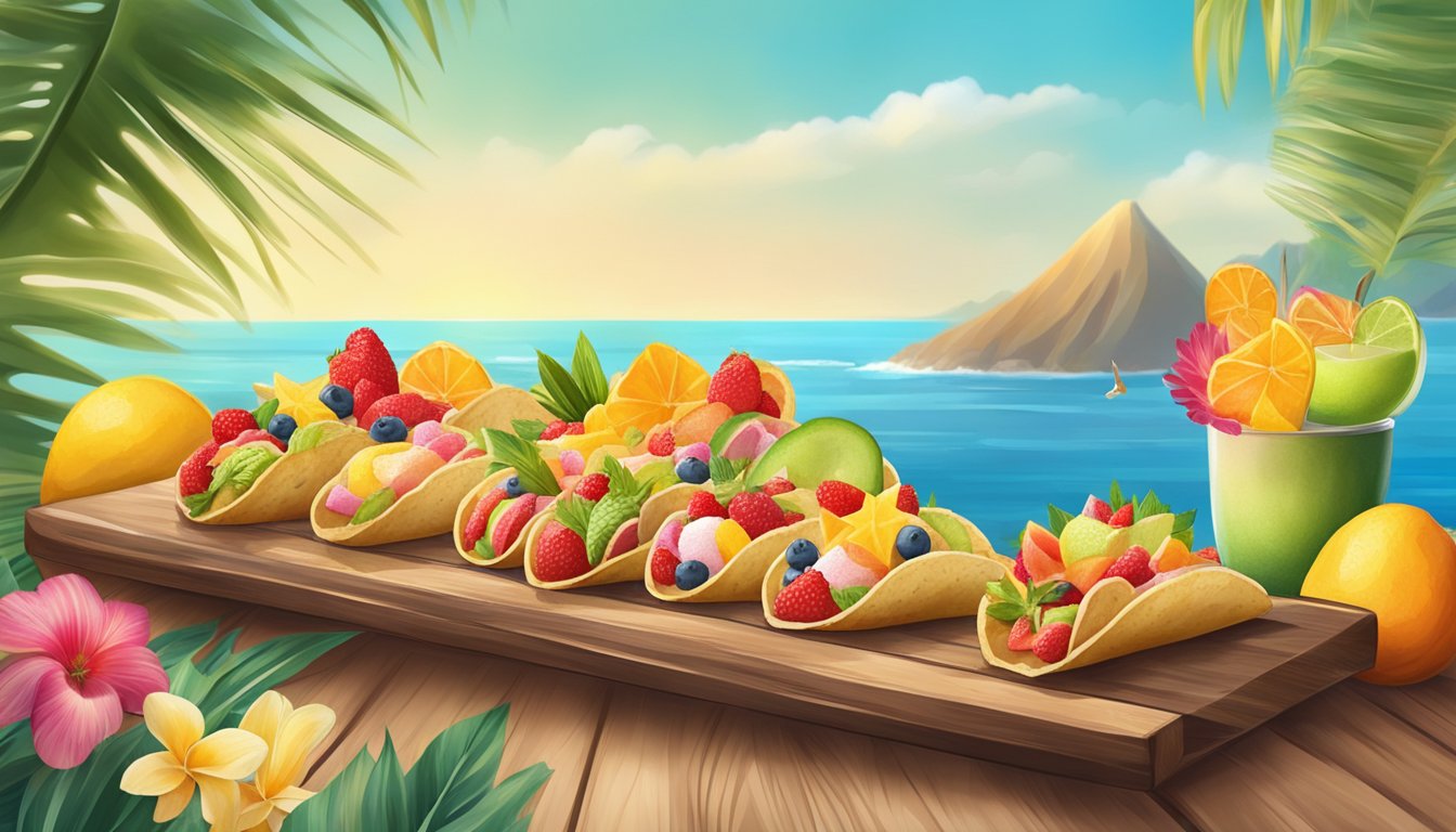 A colorful array of dessert tacos arranged on a wooden platter, surrounded by tropical fruits and flowers, with the ocean in the background