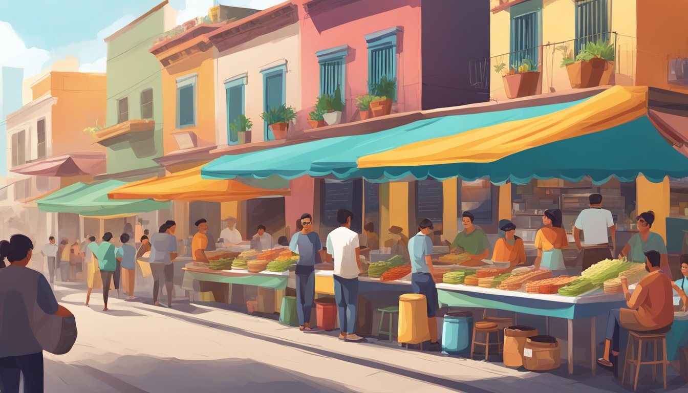 A bustling street food market with colorful taco stands and people enjoying various drinks, from traditional aguas frescas to craft beers, in Mexico's modern metropolises