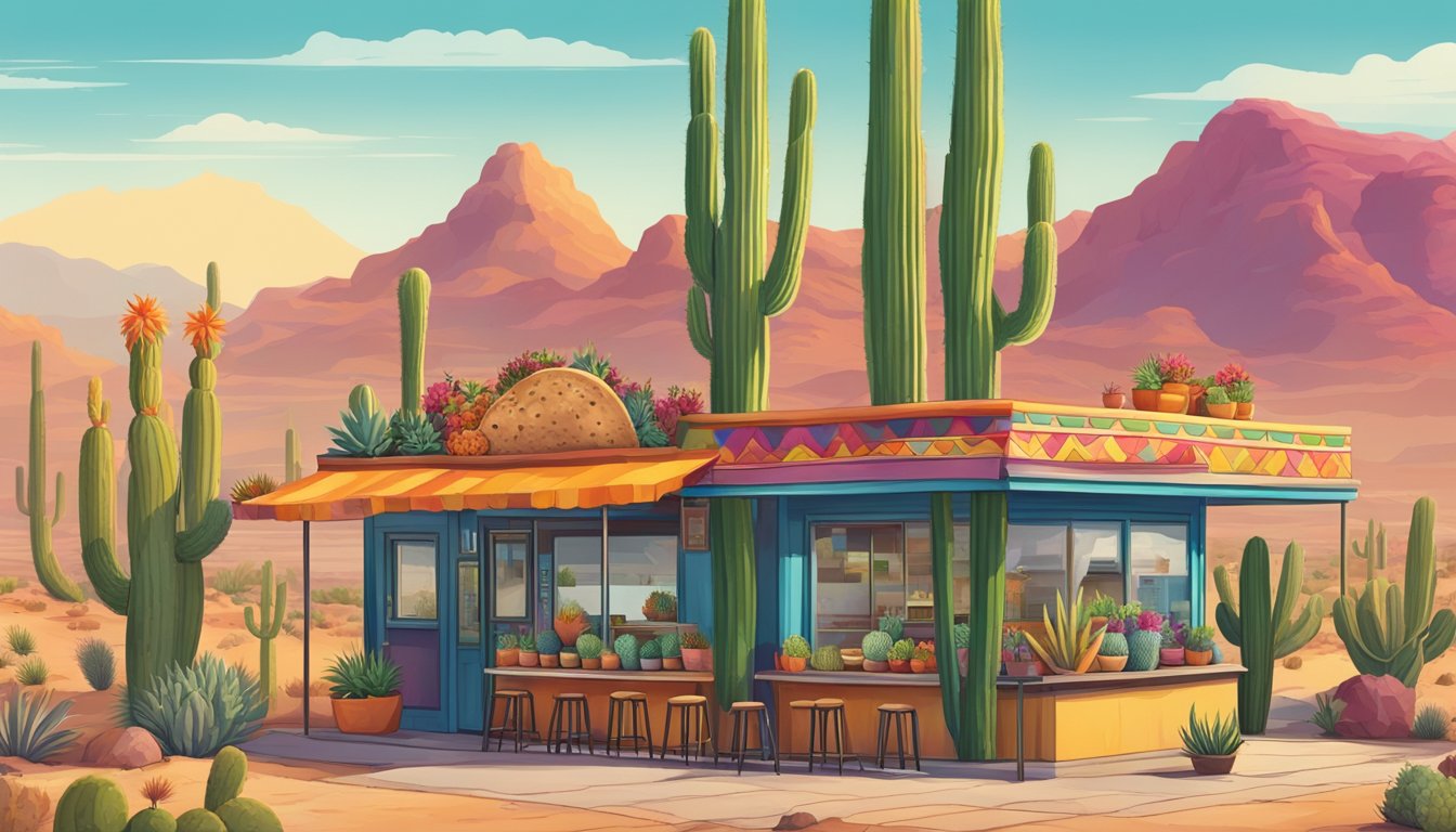 A colorful desert landscape with cacti, a taco stand, and a vibrant cultural scene