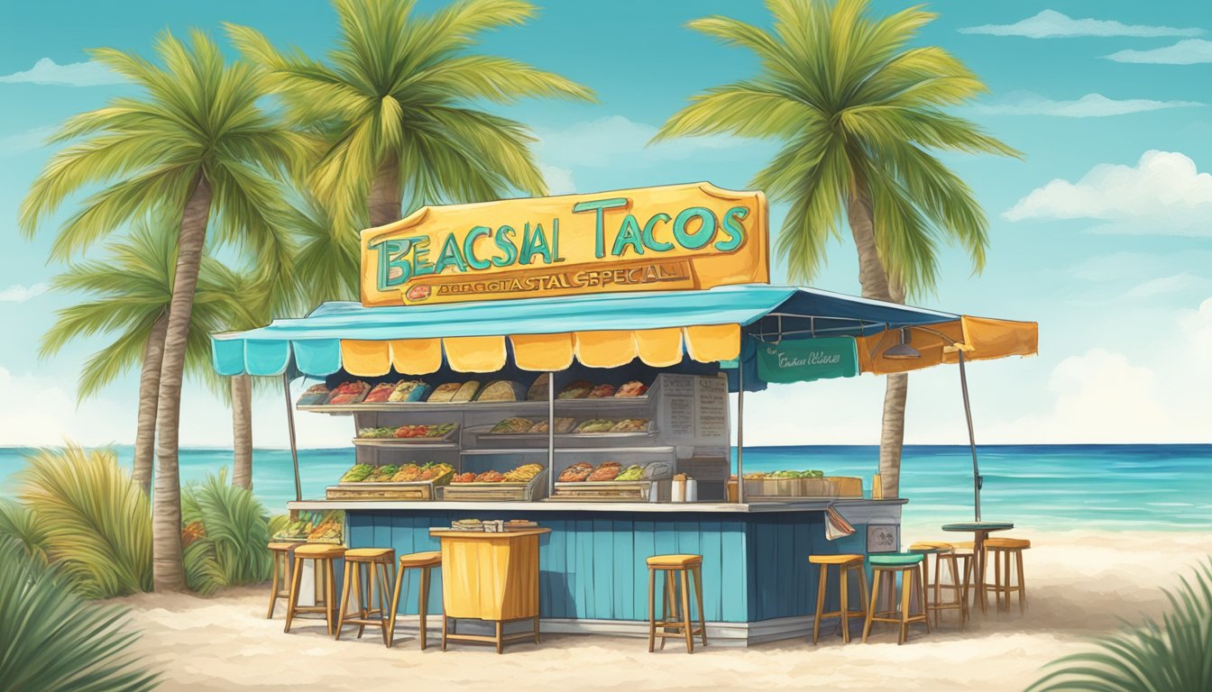 A colorful beachside taco stand in the Florida Keys, with palm trees swaying in the background and a sign advertising "Seasonal and Special Occasion Tacos."