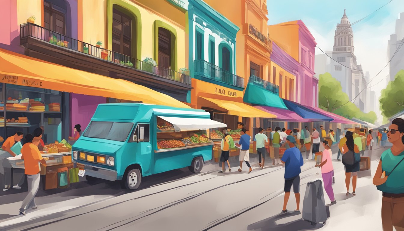 A bustling street filled with colorful food trucks and vendors selling sustainable and ethically sourced tacos in the heart of Mexico's modern metropolises