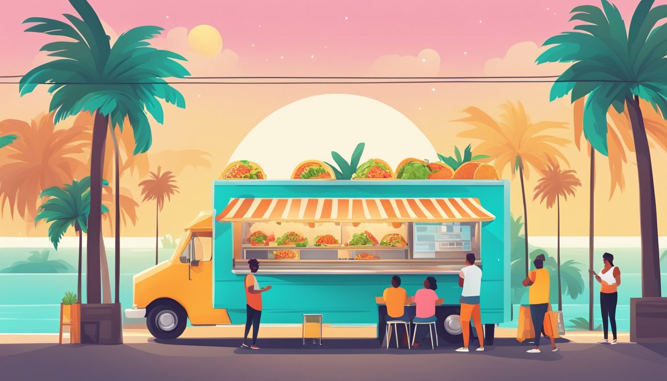 A colorful food truck surrounded by palm trees, with a line of customers eagerly waiting for their delicious tacos