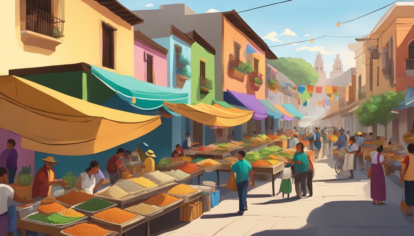 A bustling street market in a colonial Mexican city, with colorful buildings and vendors selling traditional ingredients for making tacos