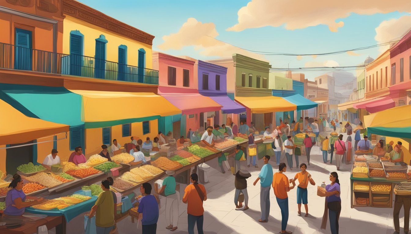 Busy street market with colorful colonial buildings, vendors selling tacos, and locals enjoying traditional Mexican music