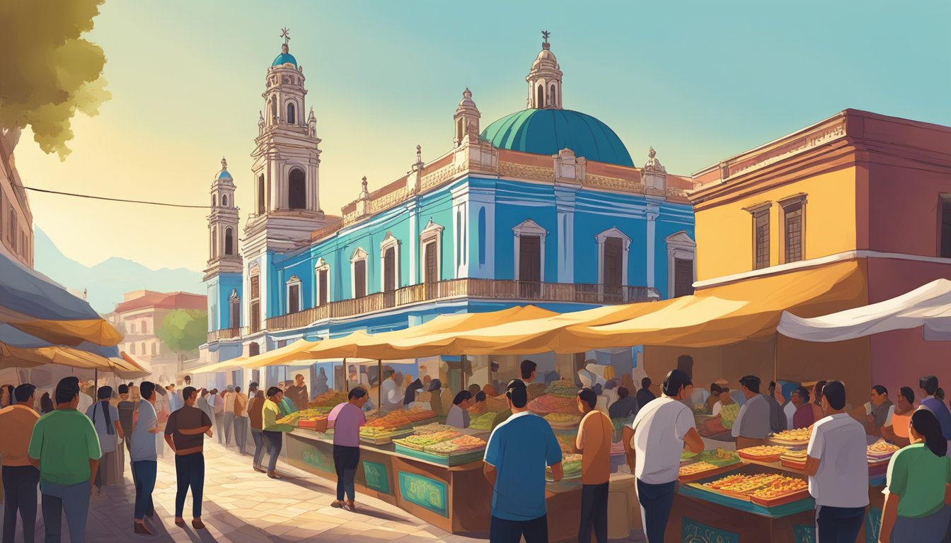 A bustling street market in Puebla, with colorful taco stands and colonial architecture in the background. A crowd of people enjoying the signature tacos of the city