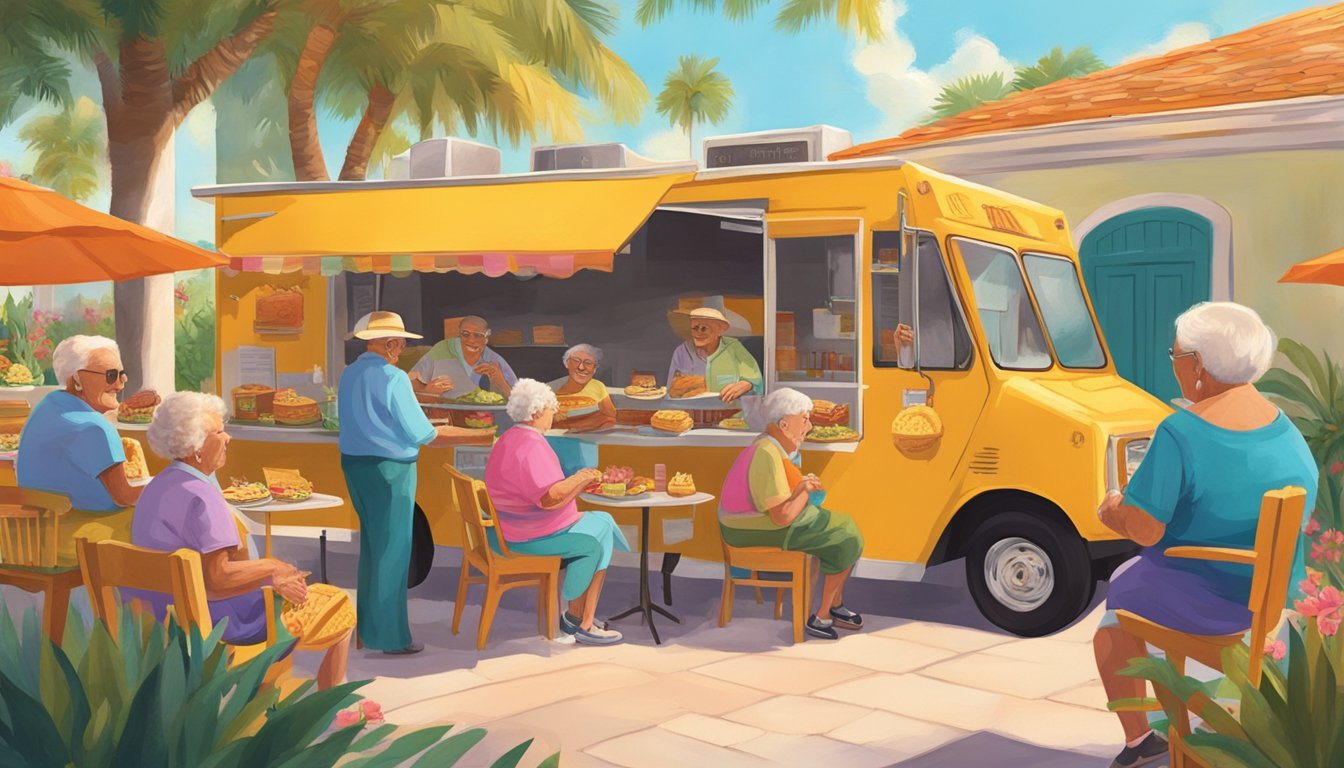 A group of elderly residents gather in a sunny courtyard, enjoying a variety of tacos from a food truck. The vibrant colors and lively atmosphere reflect the historical significance of tacos in Florida's retirement communities