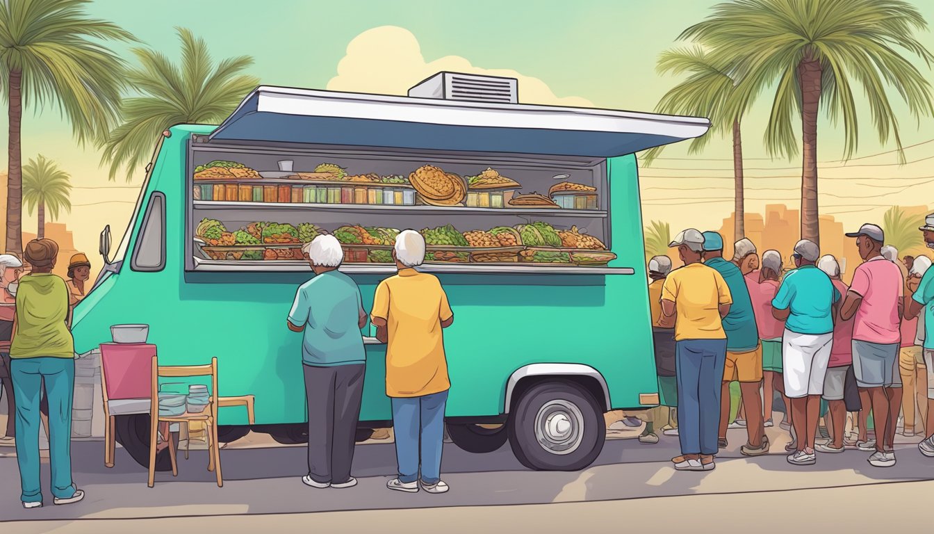 A colorful food truck surrounded by palm trees, with a line of elderly residents eagerly waiting for their freshly made tacos