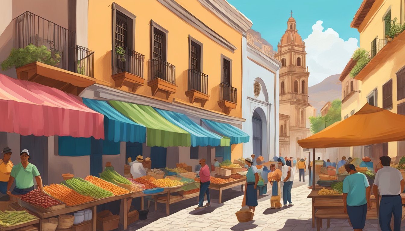 Colorful street market with vendors selling delicious tacos, surrounded by historic colonial buildings in Guanajuato