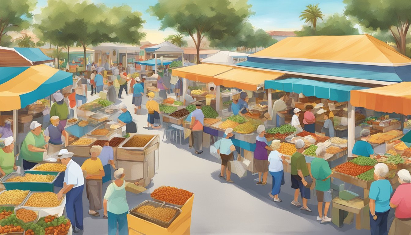 A bustling outdoor market with colorful food stalls selling various regional taco variations in Florida's retirement communities