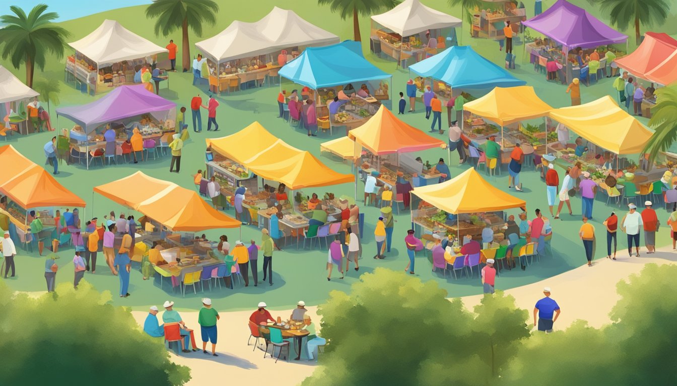 A bustling outdoor event with colorful tents and food trucks serving up delicious tacos to a diverse crowd of retirees in a Florida retirement community