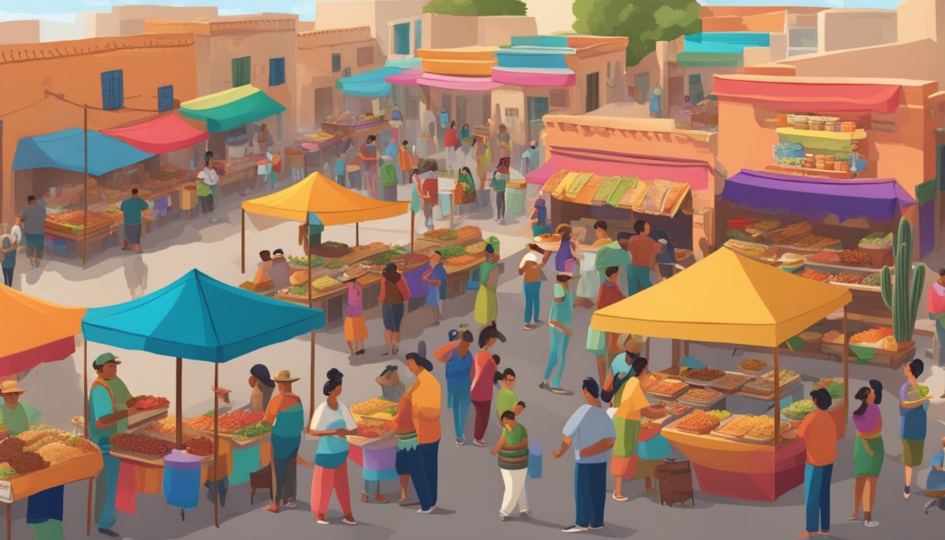 A bustling street market in a Mexican pueblo mágico, with colorful taco stands, lively music, and locals enjoying delicious tacos