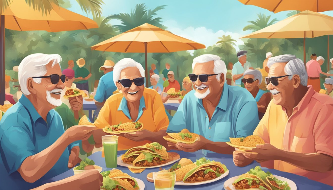 A group of seniors enjoying a variety of delicious tacos at a vibrant outdoor community gathering in Florida