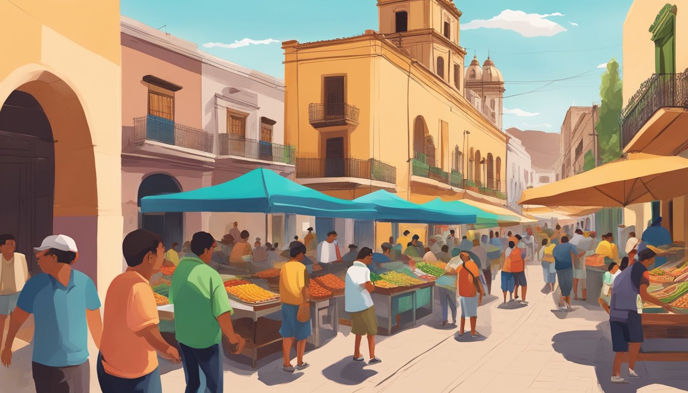 A bustling street market in Zacatecas, with colorful taco stands and locals enjoying authentic Mexican cuisine amidst the colonial architecture