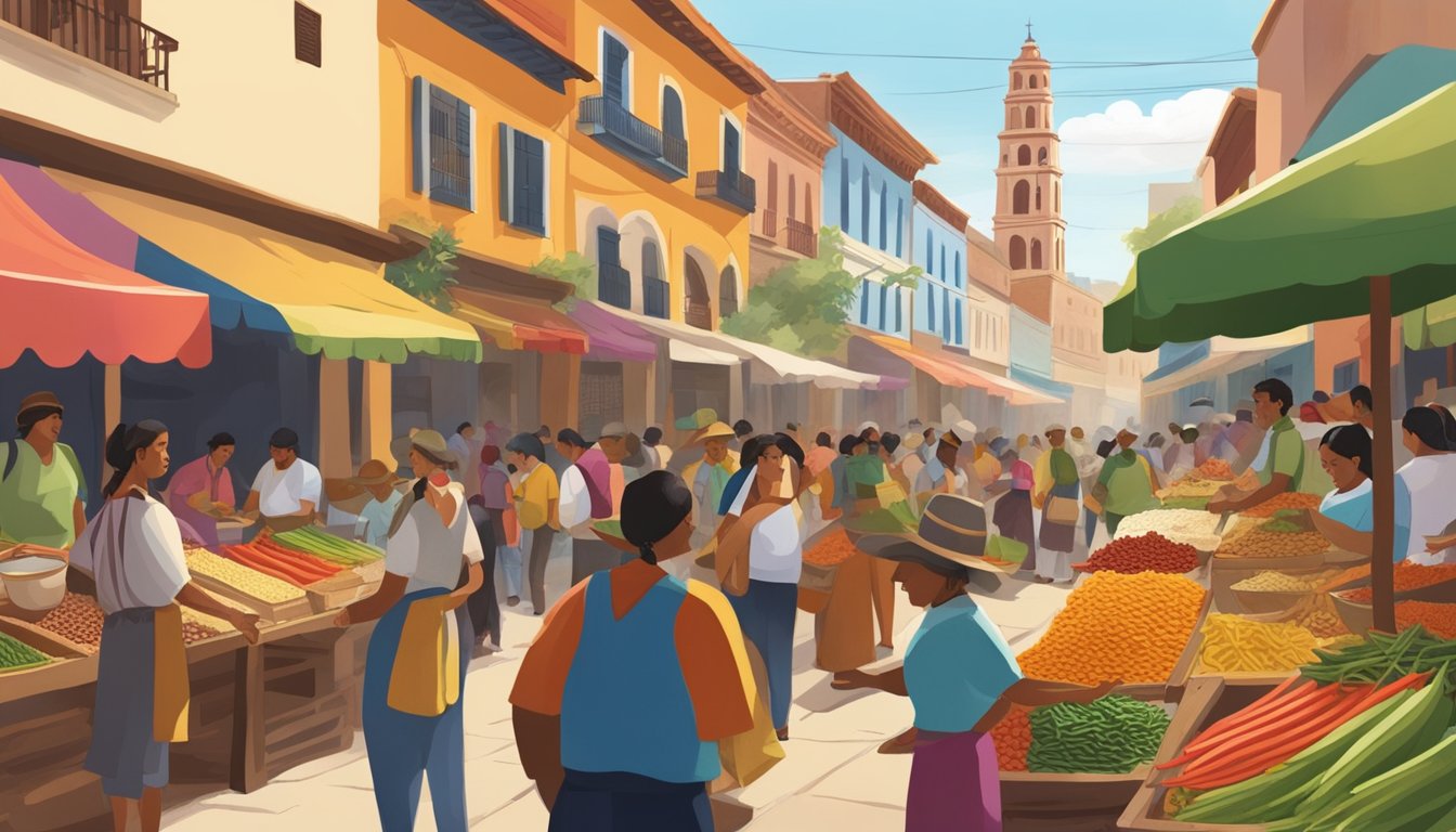 A bustling street market in a colonial Mexican city, with vendors selling a colorful array of indigenous ingredients and spices for making the best tacos