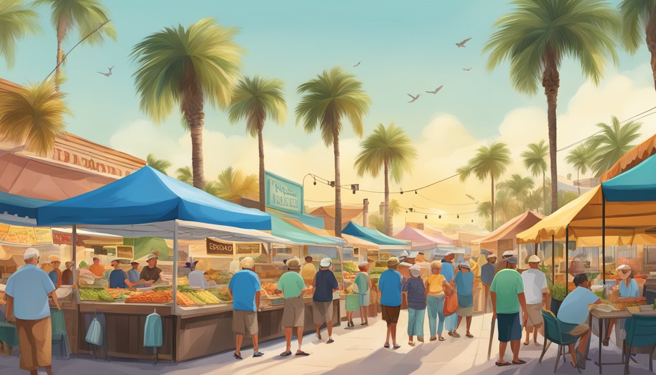 A bustling outdoor market with colorful seafood stalls, surrounded by palm trees and retirees enjoying the best tacos in Florida