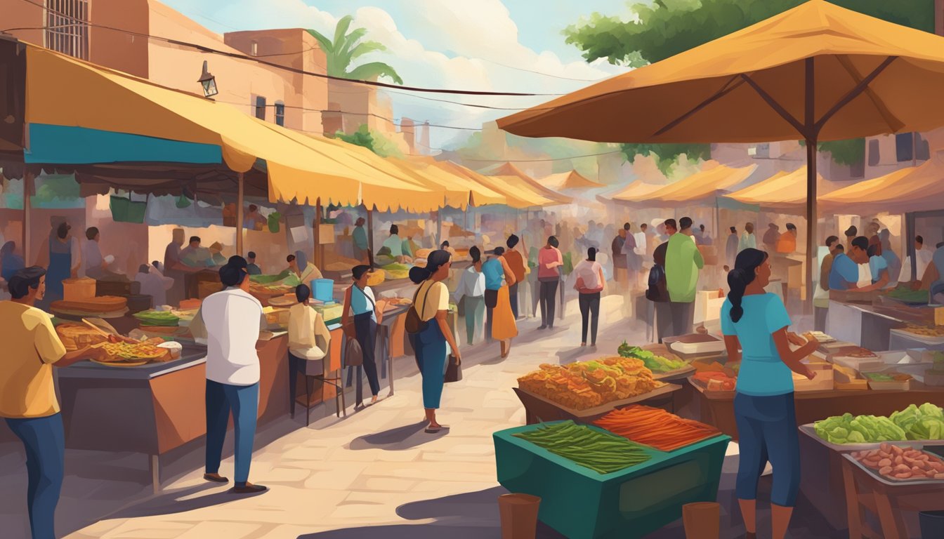 A bustling street food market in a Mexican pueblo with colorful food stalls and a vibrant atmosphere, contrasting with a sophisticated fine dining restaurant serving the best tacos in the region