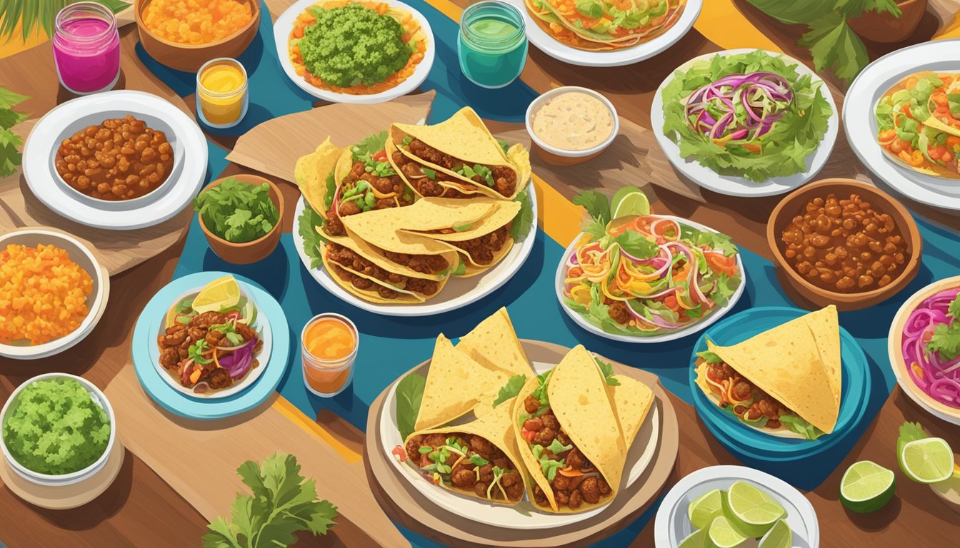 A colorful spread of tacos and side dishes arranged on a festive table in a vibrant Florida retirement community