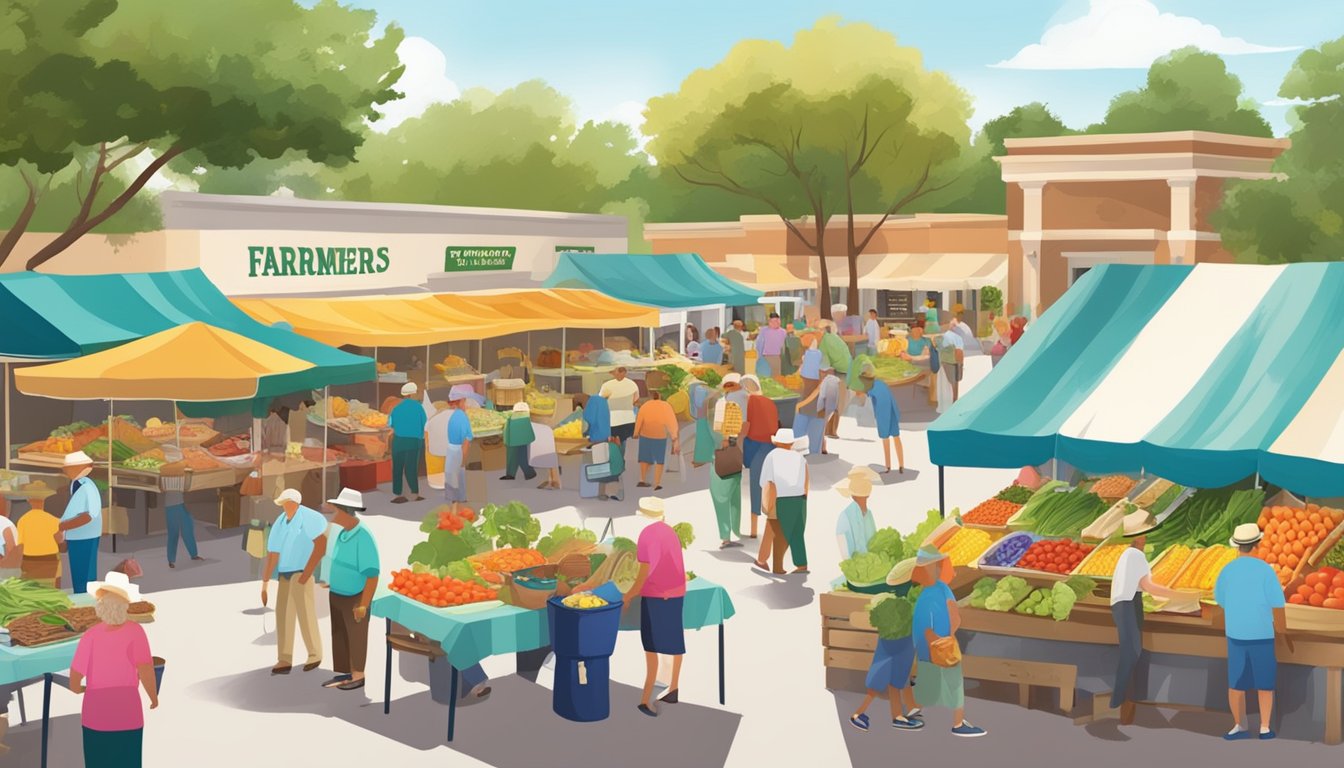 A bustling farmers market with colorful stalls selling fresh produce and local ingredients, surrounded by retirees enjoying the best tacos in Florida's retirement communities