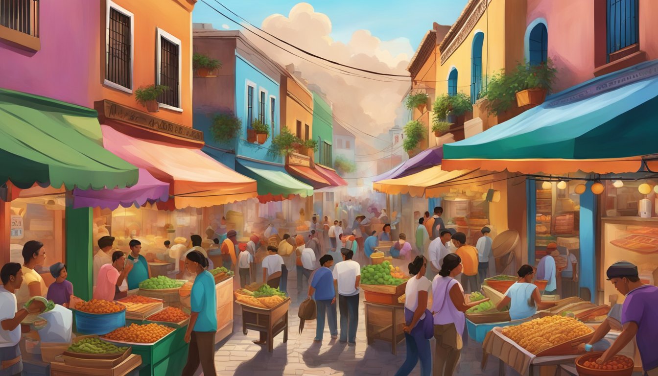 A bustling street market in a colorful Mexican town, with vendors selling steaming hot tacos and locals navigating the lively atmosphere