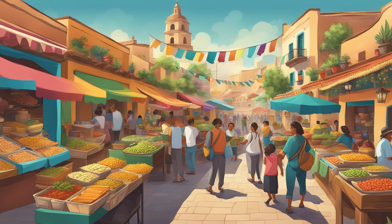 A bustling street market with colorful taco stands, surrounded by traditional Mexican architecture in a charming pueblo mágico