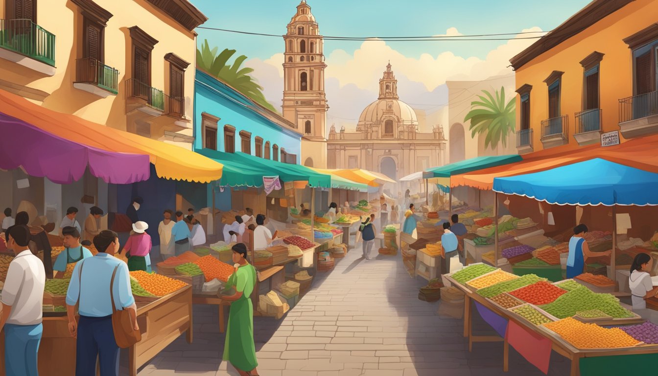 A bustling marketplace filled with colorful stalls selling a variety of fresh taco ingredients, surrounded by the charming architecture of Mexico's colonial cities